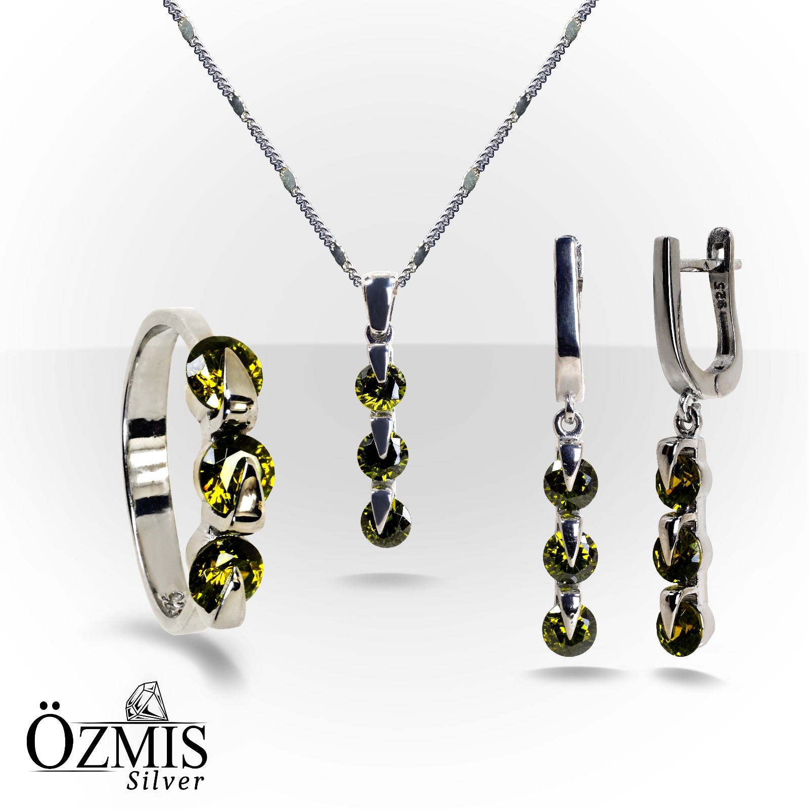 3'lü Yeşil Taşlı Gümüş Set