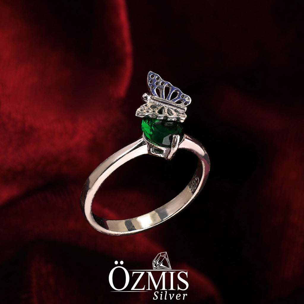 Yeşim Taşlı Kelebek Detaylı Gümüş Set