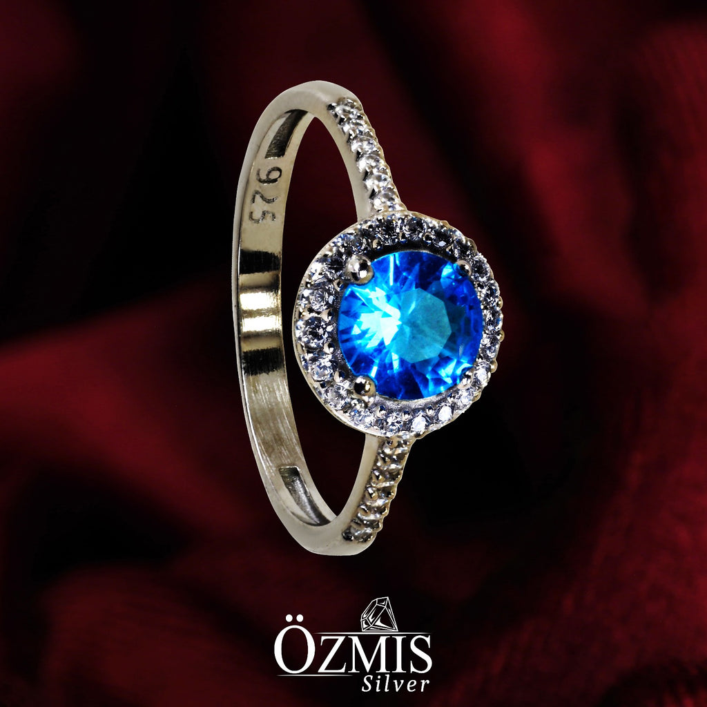 Zirkon Taşlarla Çevrili Aquamarine Taşlı  Gümüş Set