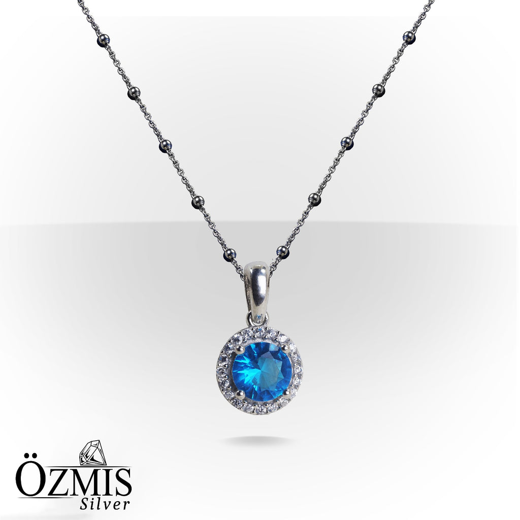 Zirkon Taşlarla Çevrili Aquamarine Taşlı  Gümüş Set