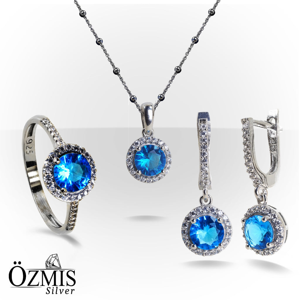 Zirkon Taşlarla Çevrili Aquamarine Taşlı  Gümüş Set
