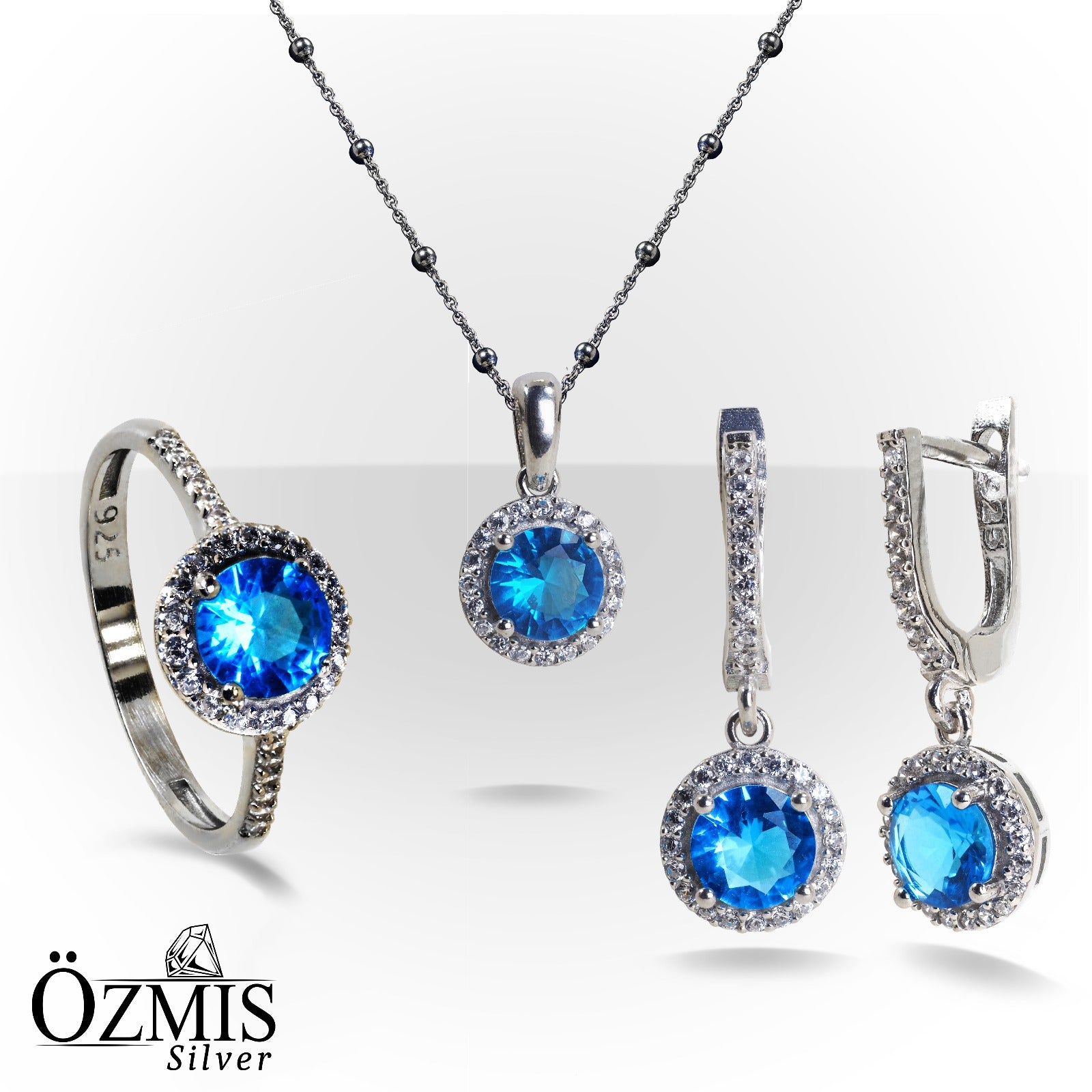 Zirkon Taşlarla Çevrili Aquamarine Taşlı  Gümüş Set