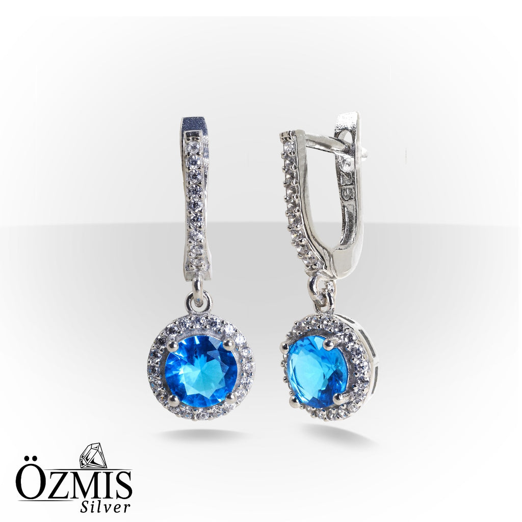 Zirkon Taşlarla Çevrili Aquamarine Taşlı  Gümüş Set