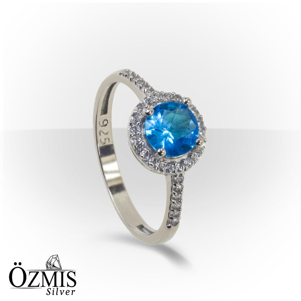 Zirkon Taşlarla Çevrili Aquamarine Taşlı  Gümüş Set