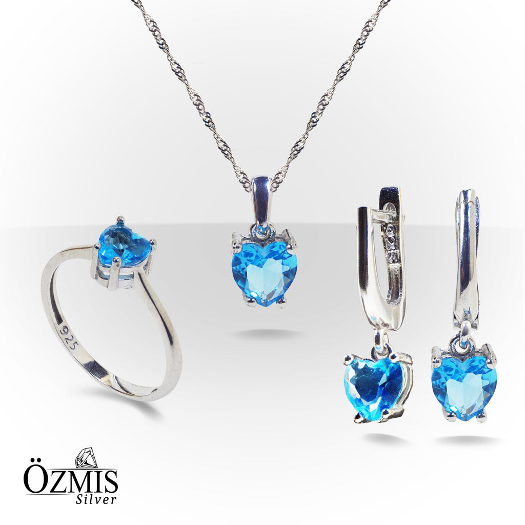 Kalp Detaylı Sitrin Taşlı Gümüş Set