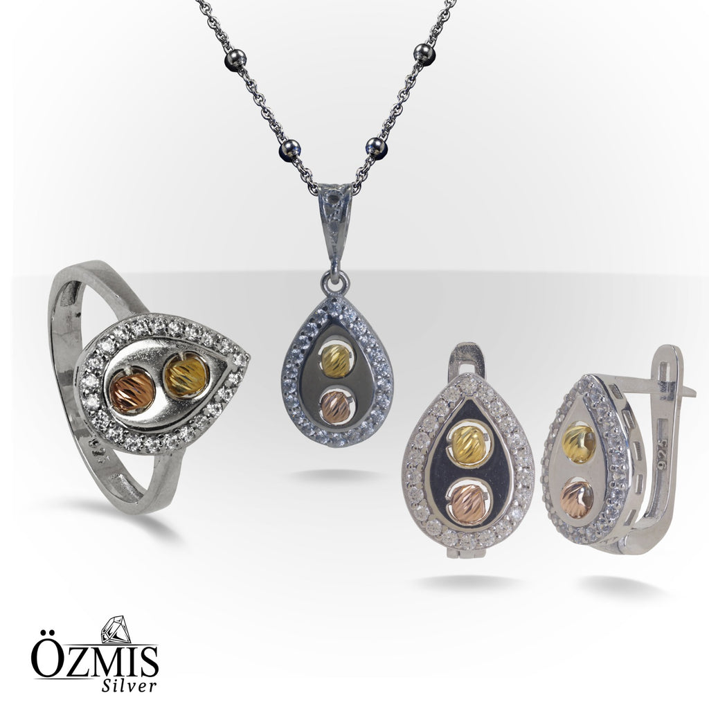 Zirkon Taş Detaylarıyla Süslenmiş Su Damlası Şeklinde Zarif Gümüş Set