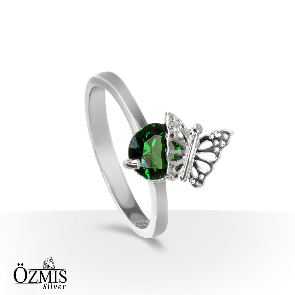 Yeşim Taşlı Kelebek Detaylı Gümüş Set