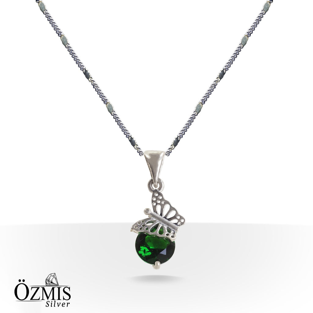Yeşim Taşlı Kelebek Detaylı Gümüş Set