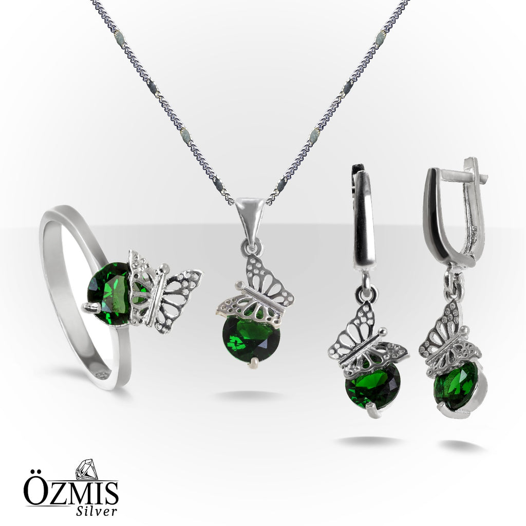 Yeşim Taşlı Kelebek Detaylı Gümüş Set