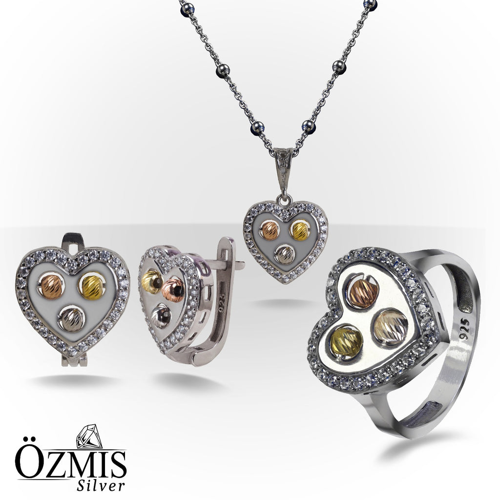 Zirkon Taşlı Kalp Şeklinde Gümüş Set