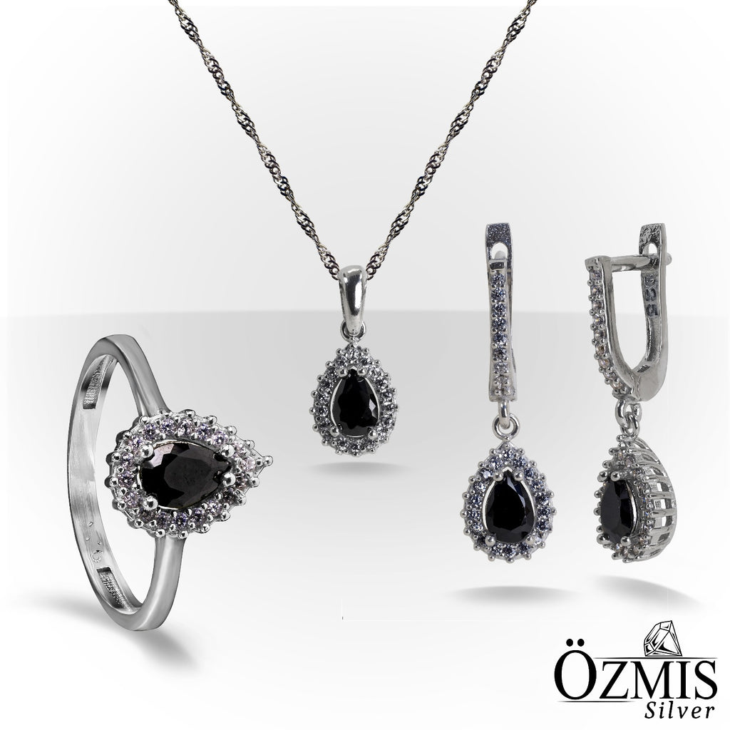 Damla Şeklinde Siyah Taşlı Gümüş Set