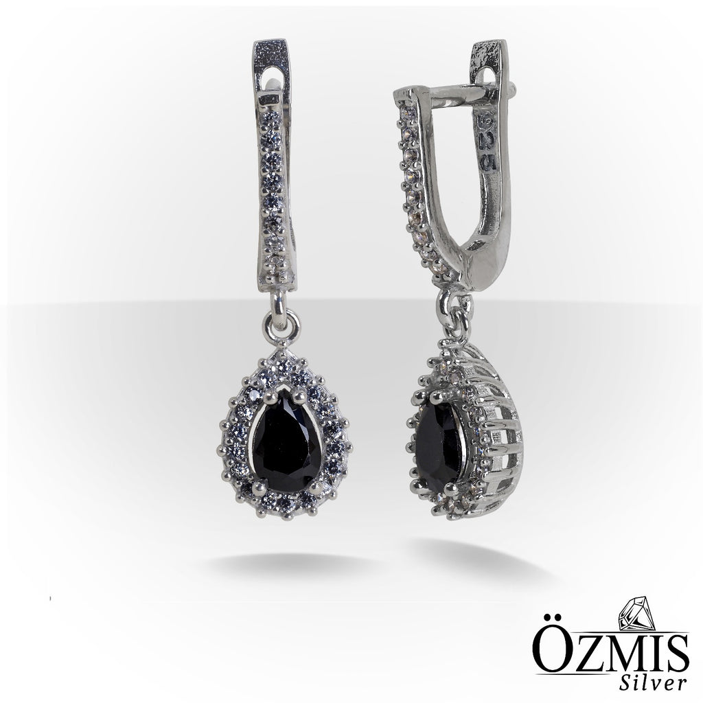 Damla Şeklinde Siyah Taşlı Gümüş Set
