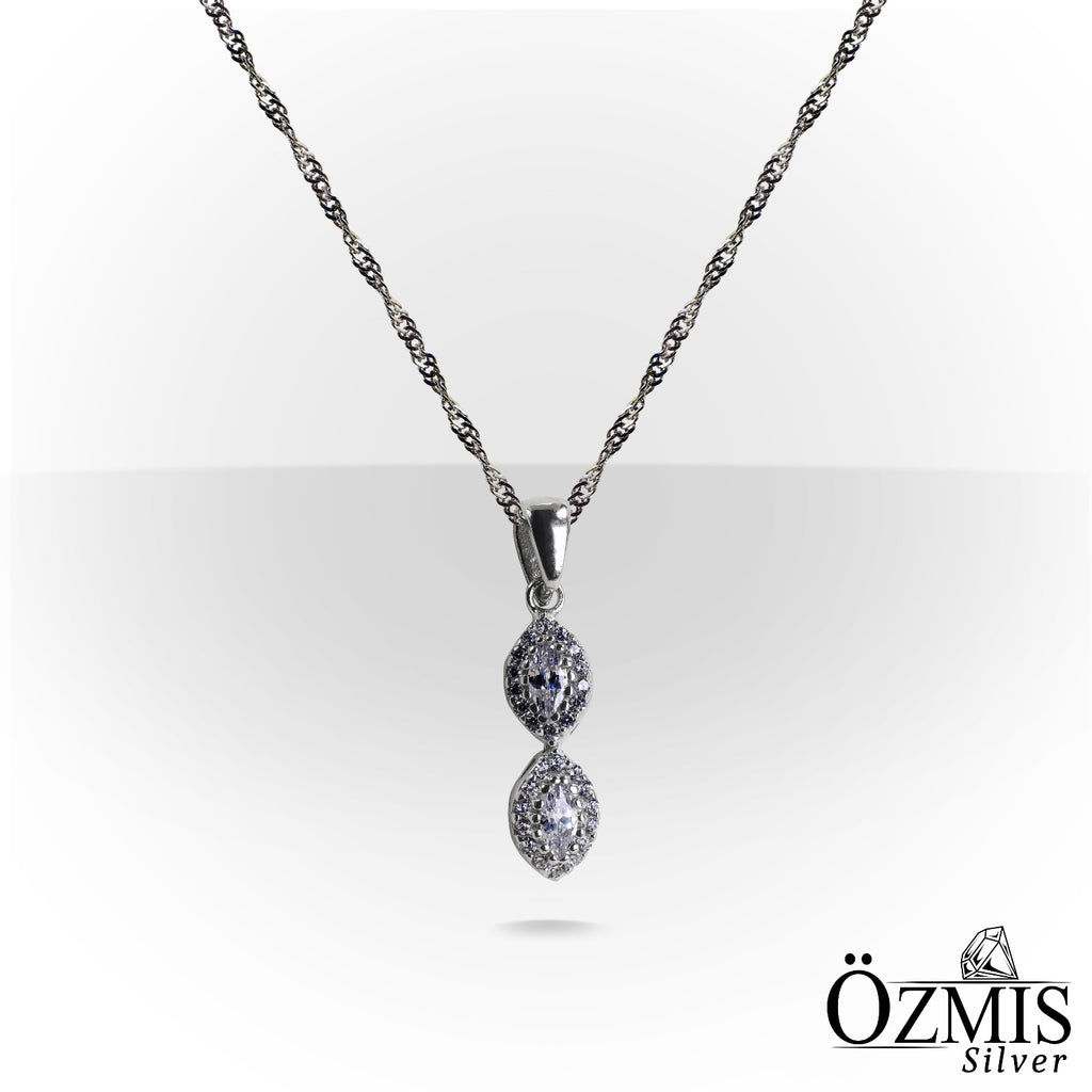 Oval Taşlı, Damla Formunda Tasarım Gümüş Set