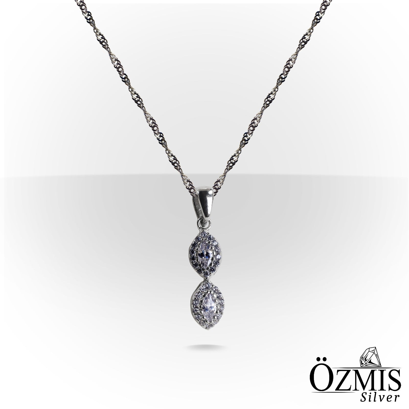 Oval Taşlı, Damla Formunda Tasarım Gümüş Set