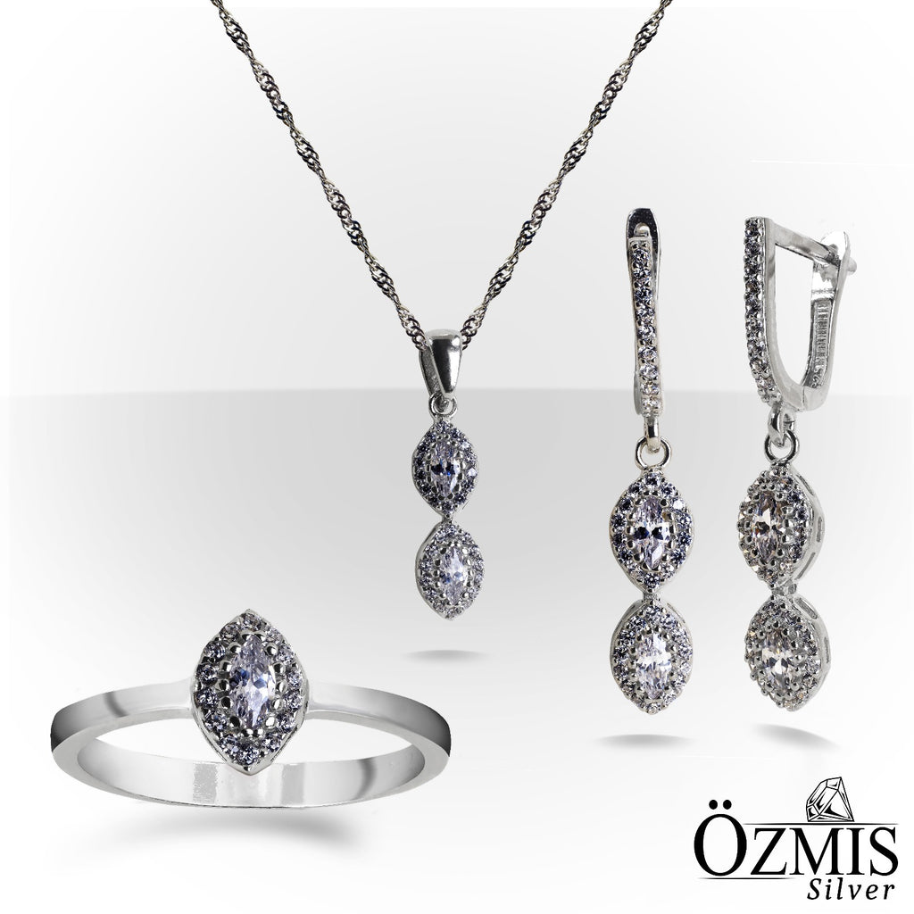 Oval Taşlı, Damla Formunda Tasarım Gümüş Set