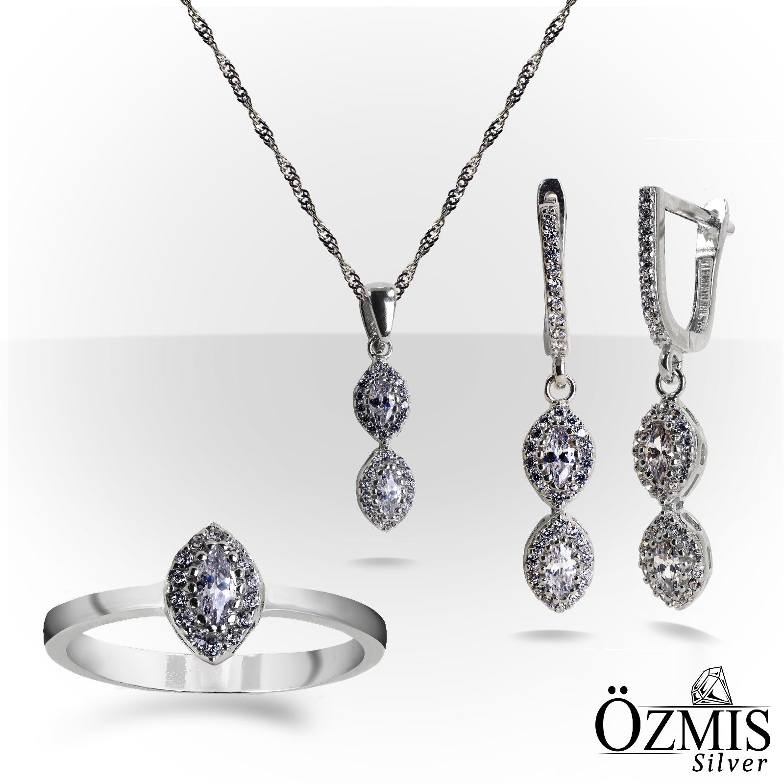 Oval Taşlı, Damla Formunda Tasarım Gümüş Set
