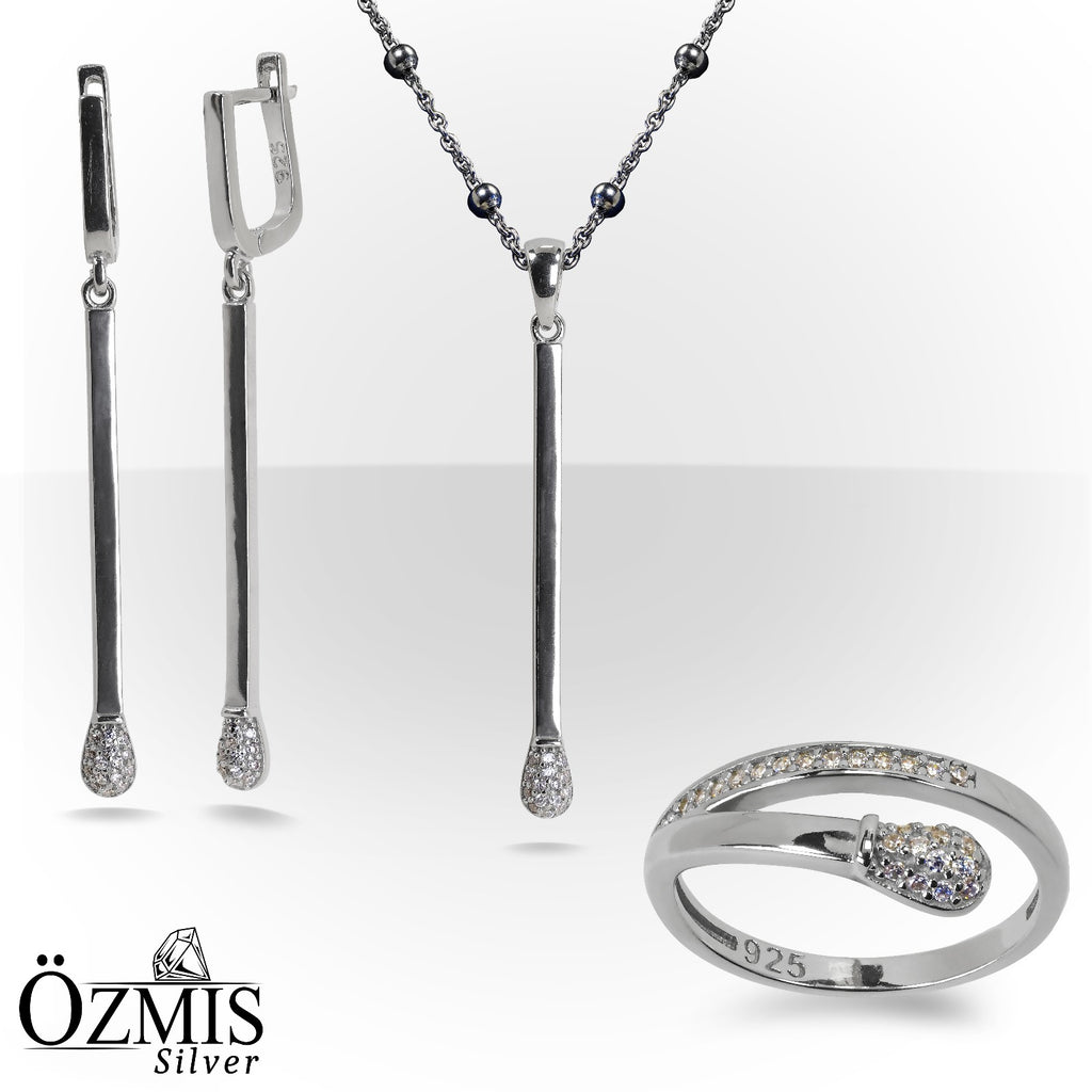 Beyaz, Işıltılı Zirkon Taşlı Gümüş Set