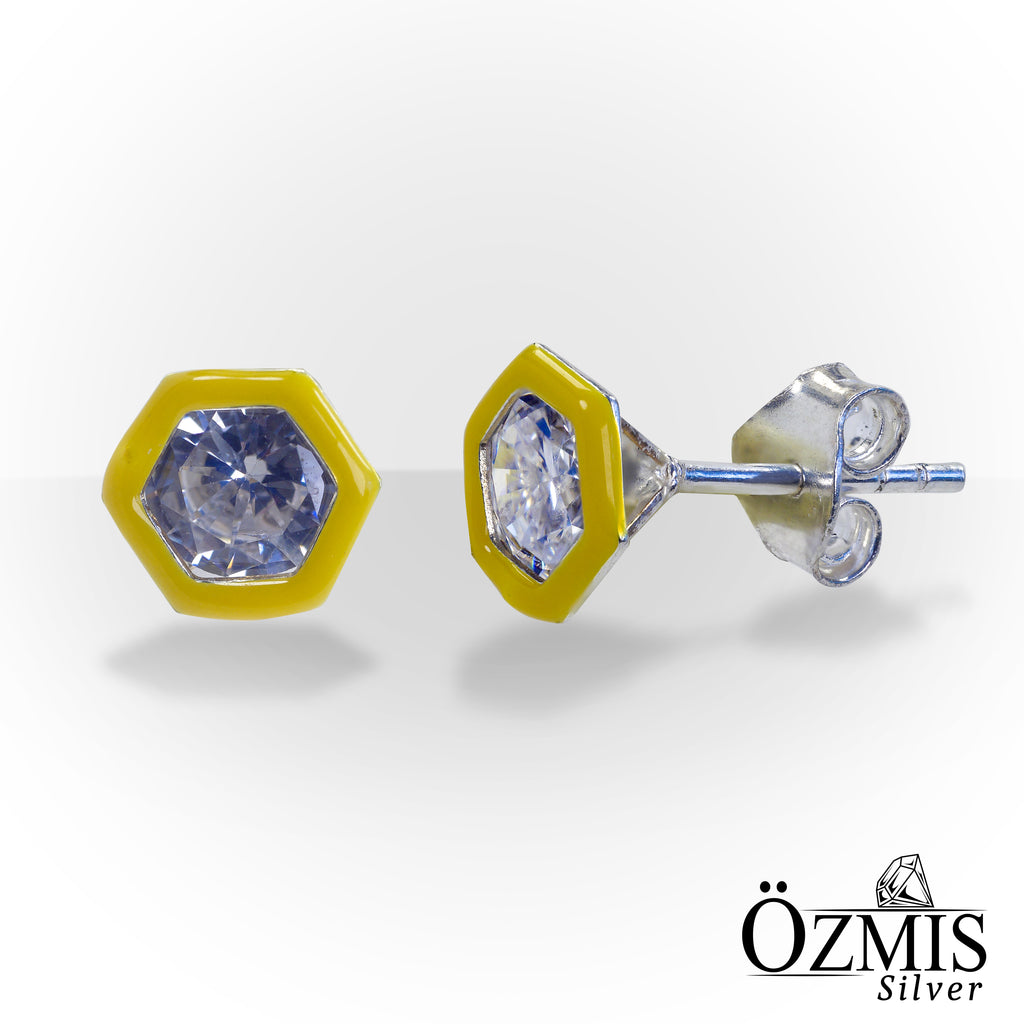 Altıgen Şeklinde Sarı Kenarlı Gümüş Küpe