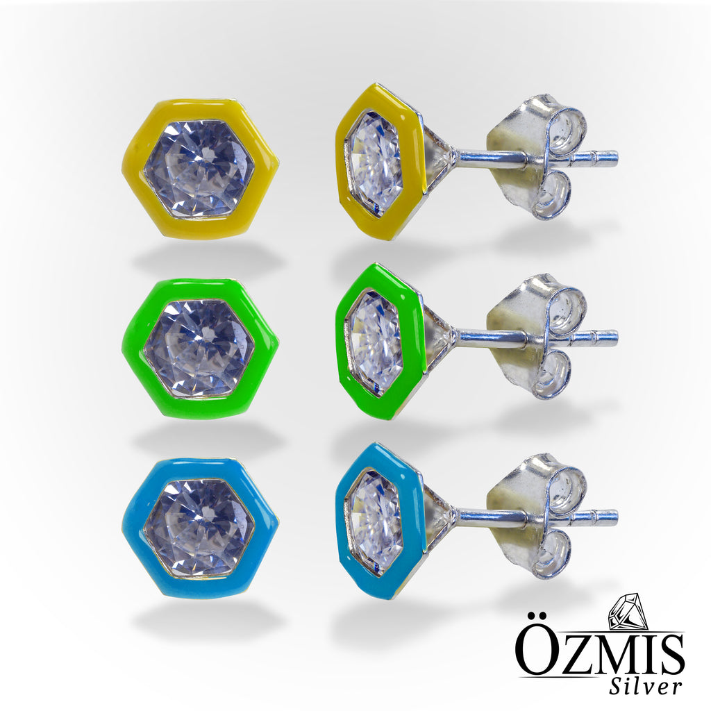 Altıgen Şeklinde Sarı Kenarlı Gümüş Küpe